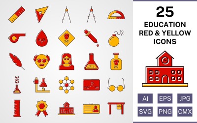 25 oktatás tele piros és sárga ikon készlet