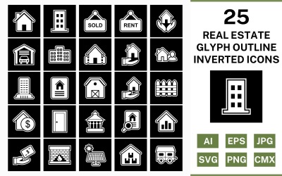 25 Real Estate Glyph Outline Inverted Icon Set