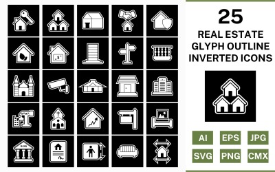 25 Real Estate Glyph Outline Inverted Icon Set