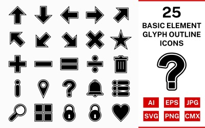 Sada ikon 25 základních prvků obrysu glyfů