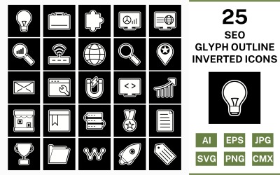 25 Seo Glyph Outline Omgekeerde Icon Set