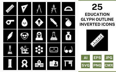 25 Set di icone invertite del contorno del glifo dell&amp;#39;istruzione