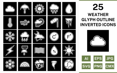 25 Set di icone invertite del contorno del glifo meteorologico