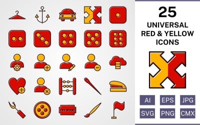 25 Set di icone rosse e gialle riempite universali