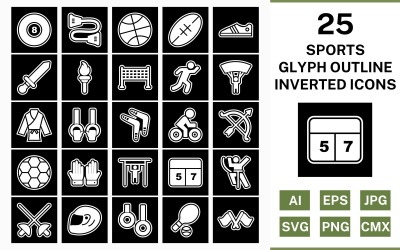 25 sport en games Glyph Outline Omgekeerde Icon Set