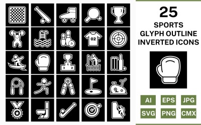 25 Sports And Games Glyph Outline Inverted Icon Set