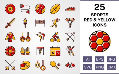 25 sportů a her plné červené a žluté sady ikon