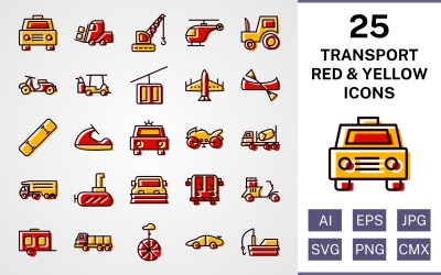 25 transportfyllda röda och gula ikonuppsättningar