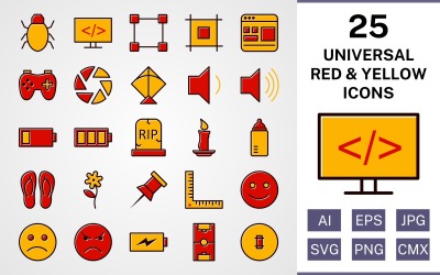 25 univerzálisan kitöltött piros és sárga ikon készlet