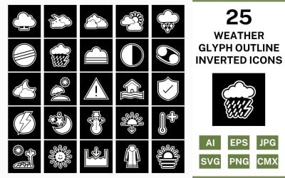 25 Weather Glyph Outline Inverted Icon Set