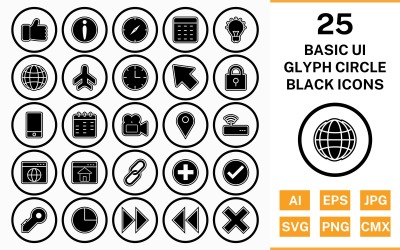 25 Basic ui Circle Glyph Outline Schwarzes Icon-Set