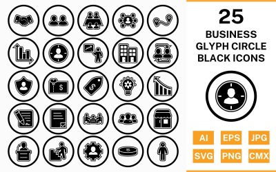 25 Business Circle Glyph Disposition Svart Ikonuppsättning