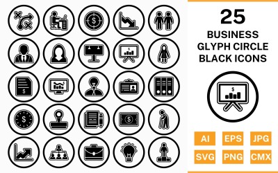 25 Business Circle Glyph Disposition Svart Ikonuppsättning