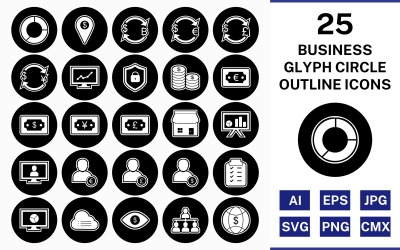 25 Business Glyph Outline Circle Inverted Icon Set