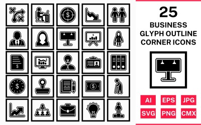 25 Business Glyph Outline Square Corner Icon Set