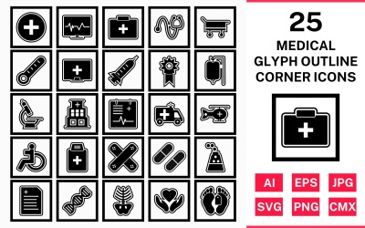 Conjunto de ícones de canto quadrado com contorno de glifo médico 25