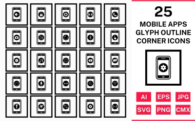 Conjunto de ícones de canto quadrado de contorno de 25 aplicativos móveis