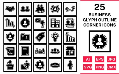 Conjunto de ícones de canto quadrado de contorno de glifo 25 negócios