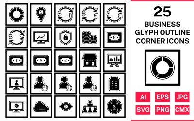 Conjunto de ícones de canto quadrado de contorno de glifo 25 negócios