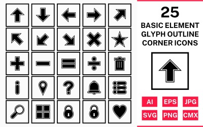 Conjunto de ícones de canto quadrado de contorno de glifo de 25 elementos básicos