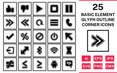 Conjunto de ícones de canto quadrado de contorno de glifo de 25 elementos básicos