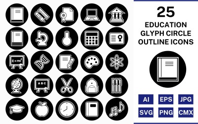 25 Conjunto de ícones de canto quadrado de contorno educacional de glifo educacional