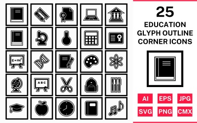 25 Conjunto de ícones de canto quadrado de contorno educacional de glifo educacional