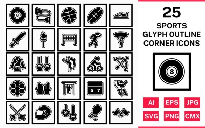 Conjunto de ícones de canto quadrado de contorno glifo 25 esportes e jogos