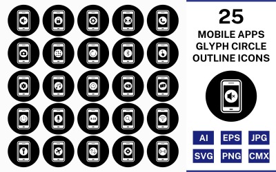 Conjunto de ícones invertidos de círculo de contorno de glifo 25 aplicativos móveis