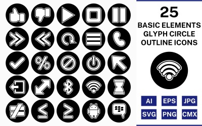 Conjunto de ícones invertidos de círculo de contorno de glifo de 25 elementos básicos