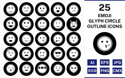 Conjunto de ícones invertidos de círculo de contorno de glifo de 25 emojis