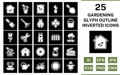 25 Conjunto de ícones invertidos de contorno de glifo de jardinagem