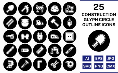 25 Conjunto de ícones invertidos do círculo do contorno do glifo da construção