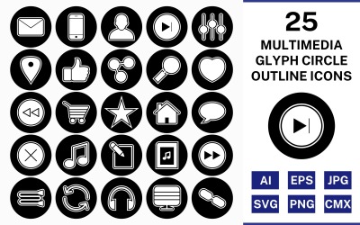 25 Conjunto de ícones multimídia de contorno de círculo invertido
