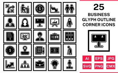 Conjunto de iconos de esquina cuadrada de contorno de glifo de 25 negocios