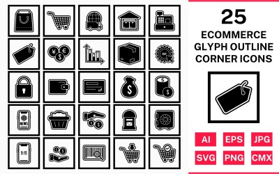Conjunto de iconos de esquina cuadrada de contorno de glifo de comercio electrónico 25