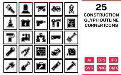 Conjunto de iconos de esquina cuadrada de contorno de glifo de construcción 25
