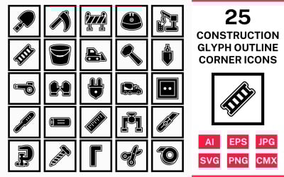 Conjunto de iconos de esquina cuadrada de contorno de glifo de construcción 25