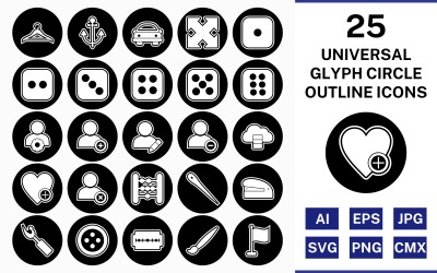Conjunto de iconos invertidos de círculo de contorno de glifo universal 25