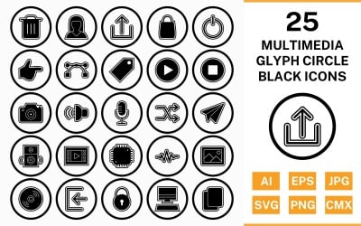 25 conjunto de iconos negros de contorno de glifo de círculo multimedia