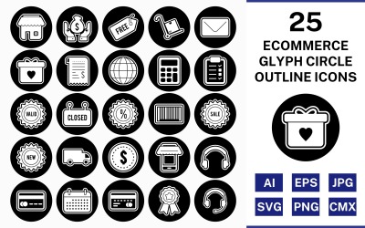 25 Ecommerce Glyph Outline Circle Inverted Icon Set
