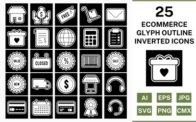 25 Ecommerce Glyph Outline Inverted Icon Set