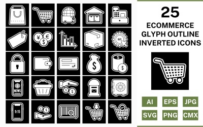 25 Ecommerce Glyph Outline Inverted Icon Set