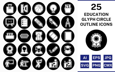 25 Education Glyph Outline Square Corner Icon Set