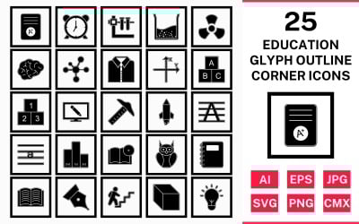 25 Education Glyph Outline Square Corner Icon Set