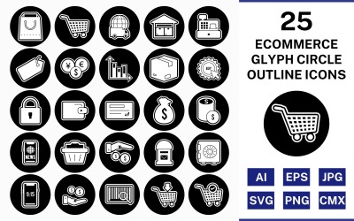 25 elektronického obchodu glyf obrys kruhu obrácené sady ikon
