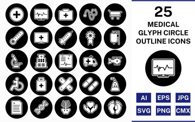 25 Ensemble d&amp;#39;icônes de coin carré contour glyphe médical