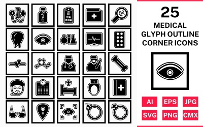 25 Ensemble d&amp;#39;icônes de coin carré contour glyphe médical