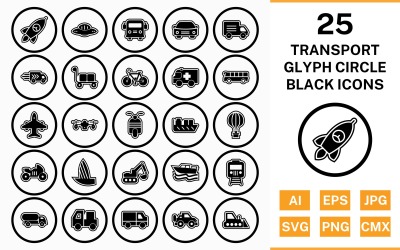 25 Ensemble d&amp;#39;icônes de contour de glyphe de cercle de transport noir