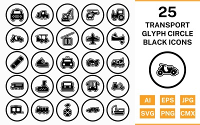 25 Ensemble d&amp;#39;icônes de contour de glyphe de cercle de transport noir